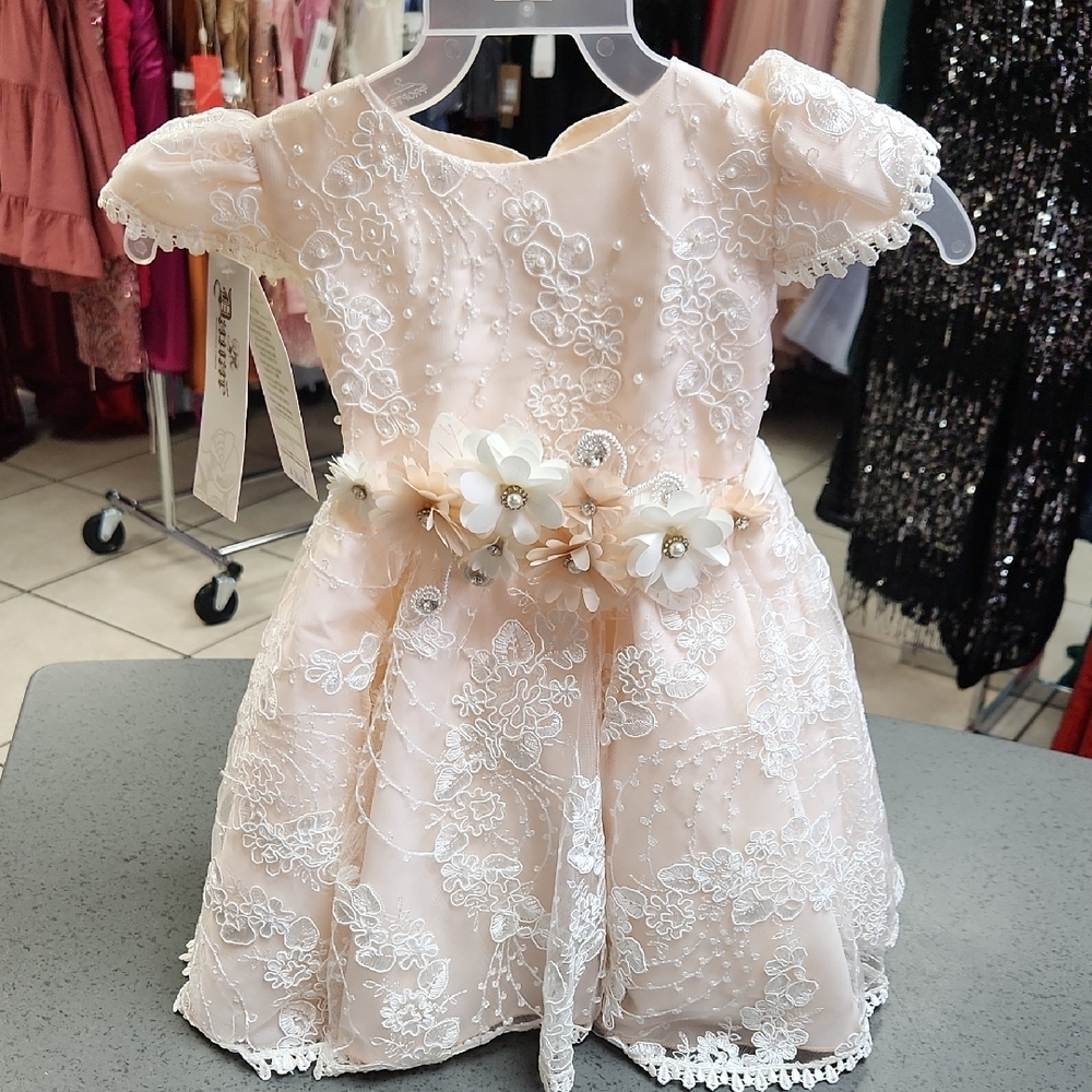 NWT Elegant Cream Kids Dress with Floral Accents Size 1